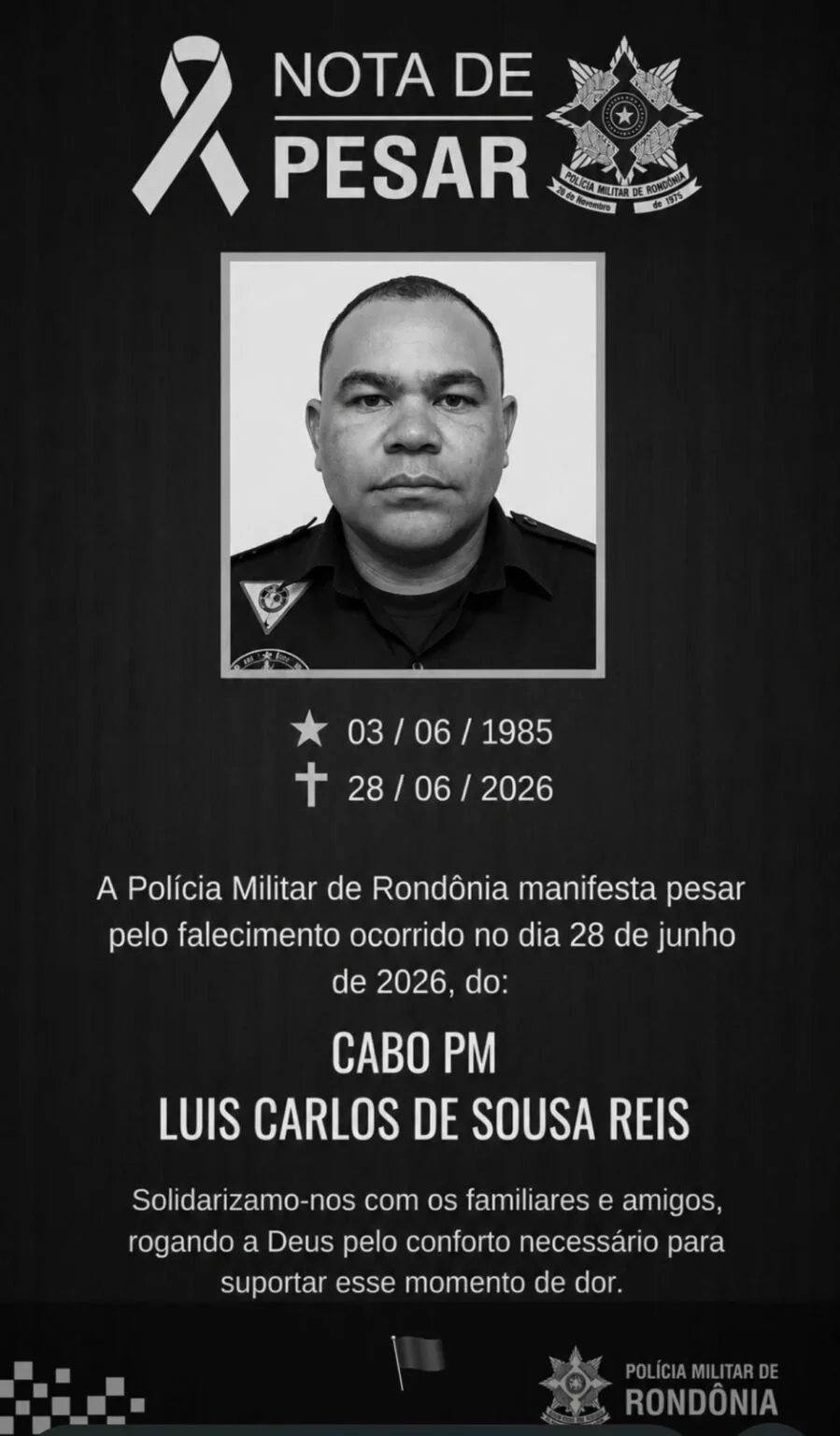 Nota de pesar pelo falecimento do Cabo da Polícia Militar Luis Carlos de Sousa Reis