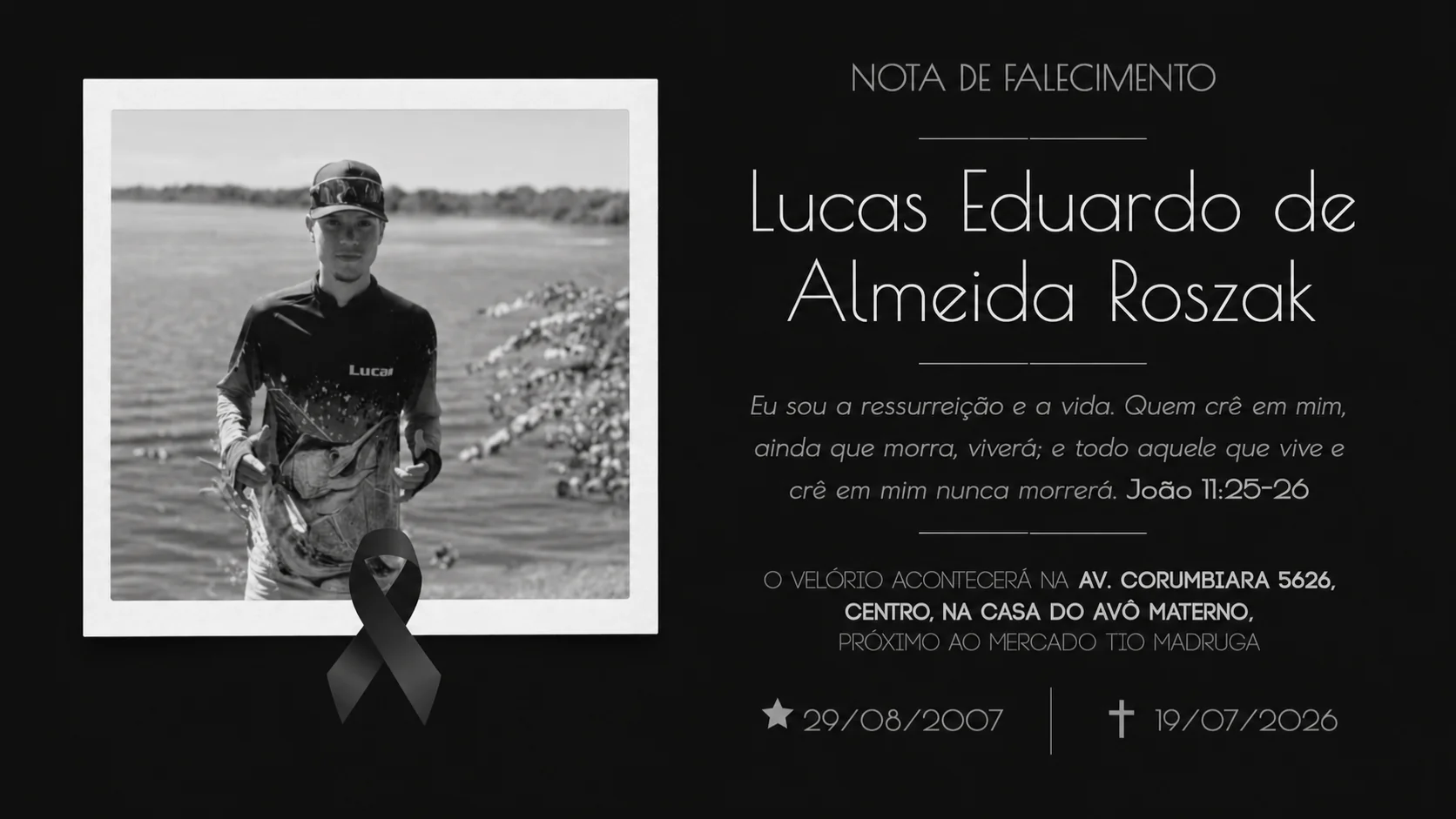 Nota de pesar pelo falecimento de Lucas Eduardo de Almeida Roszak