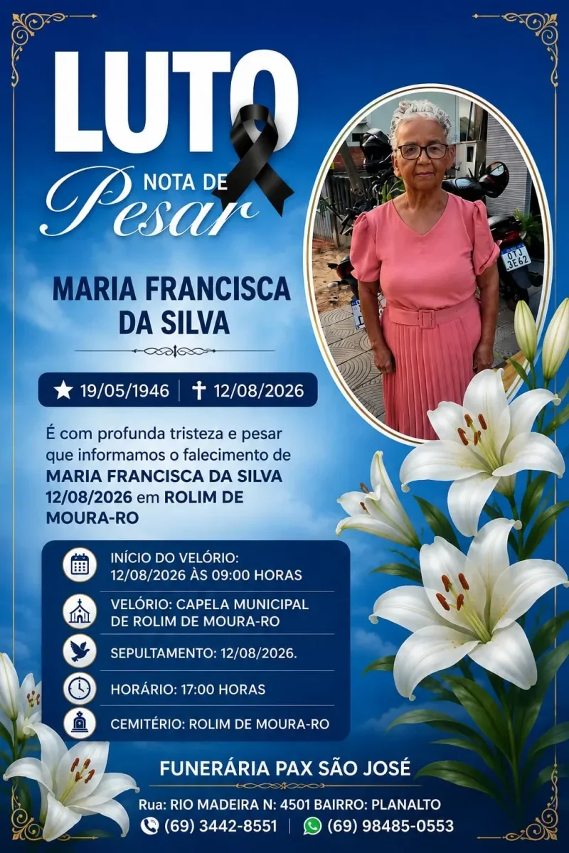 Nota de pesar pelo falecimento de Maria Francisca da Silva