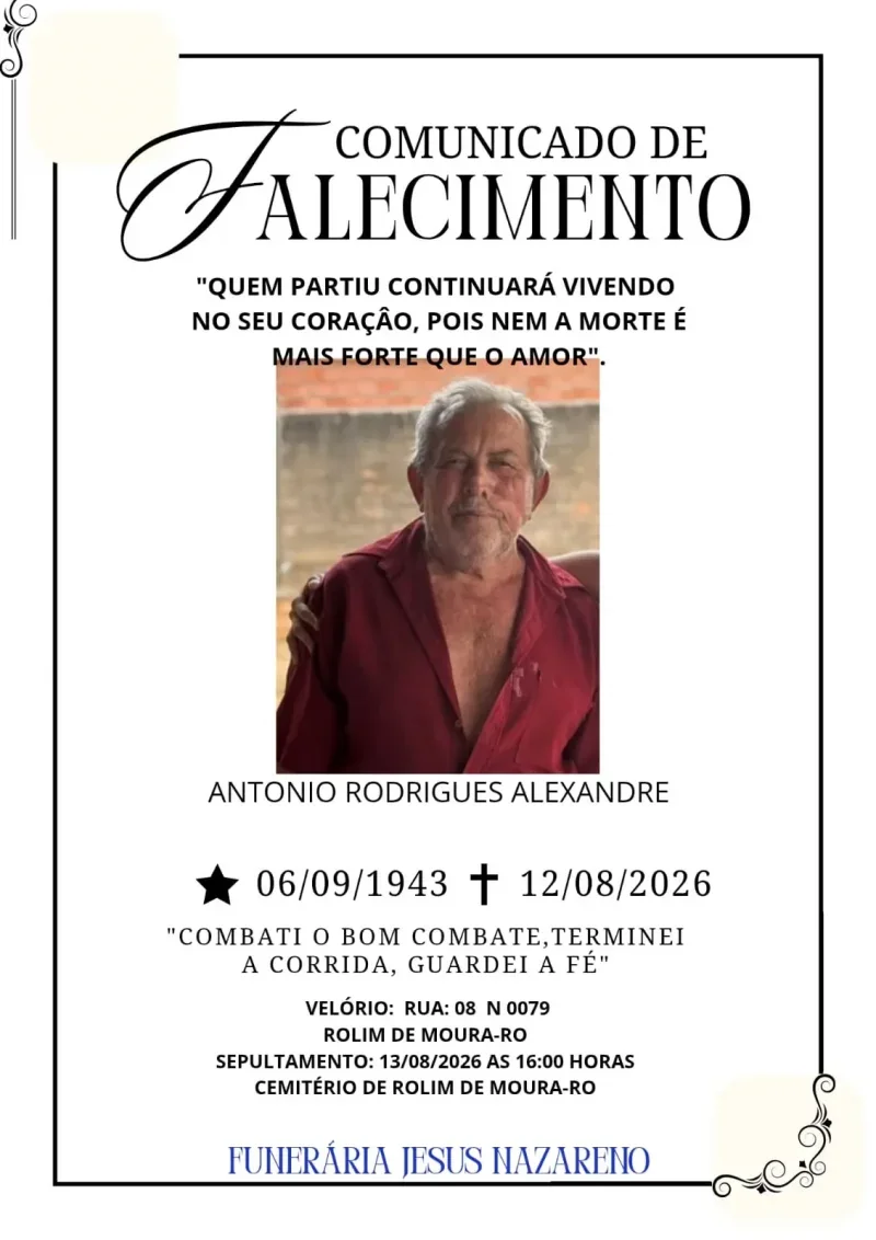 Nota de pesar pelo falecimento de Antônio Rodrigues Alexandre