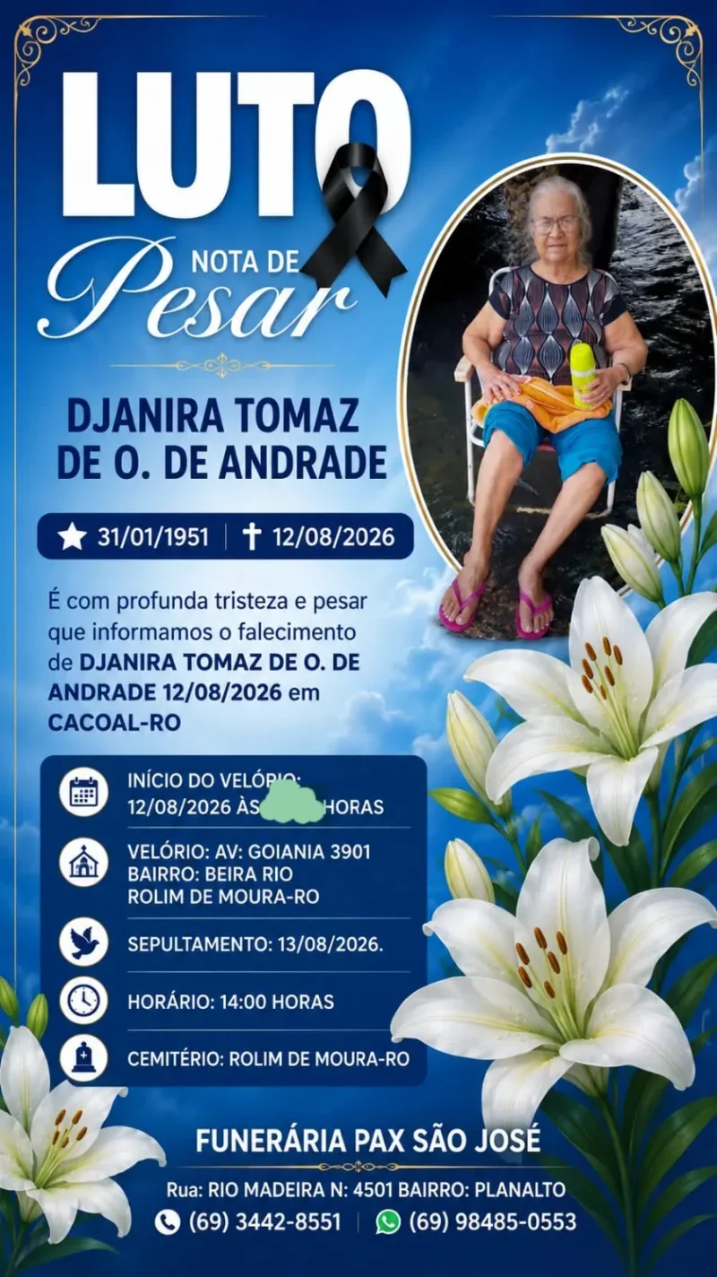 Nota de pesar pelo falecimento de Djanira Tomaz de O. de Andrade