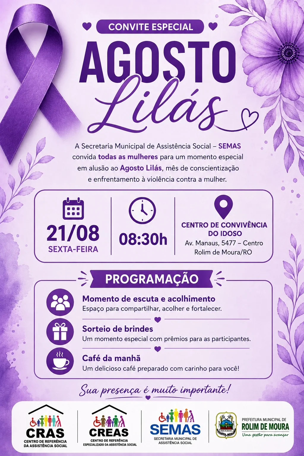 SEMAS promove encontro especial para mulheres em alusão ao Agosto Lilás em Rolim de Moura
