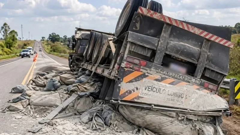 Carreta com cerca de 750 sacas de cimento tomba na BR-429, em Seringueiras