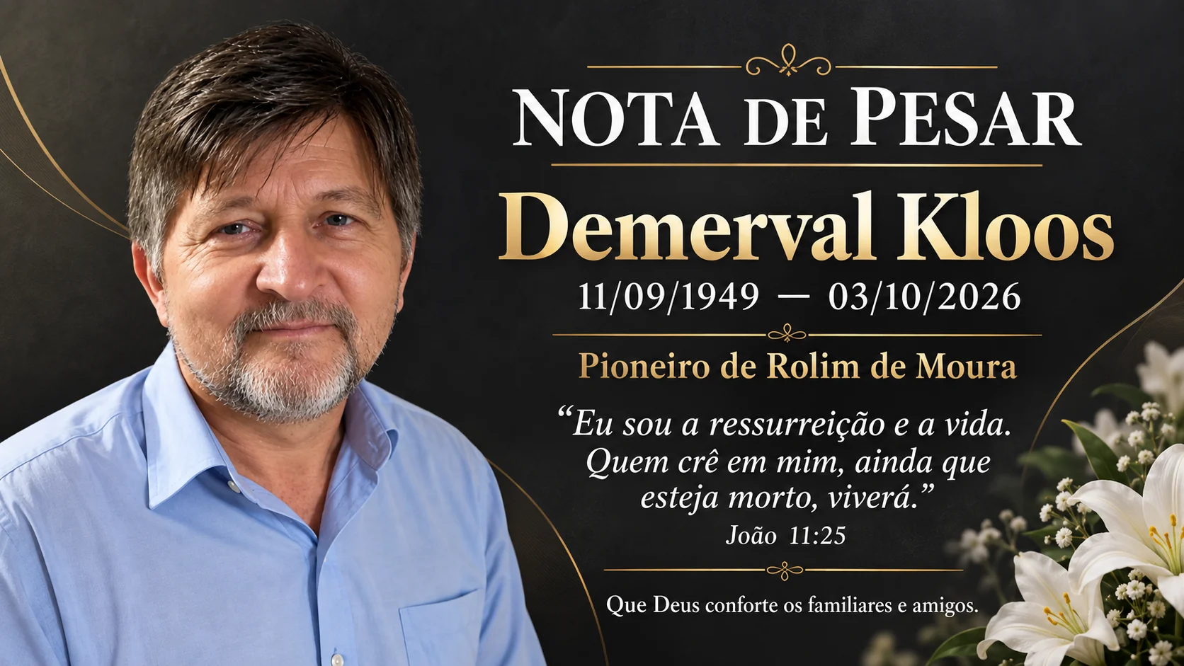 Nota de pesar pelo falecimento de Demerval Kloos, pioneiro de Rolim de Moura