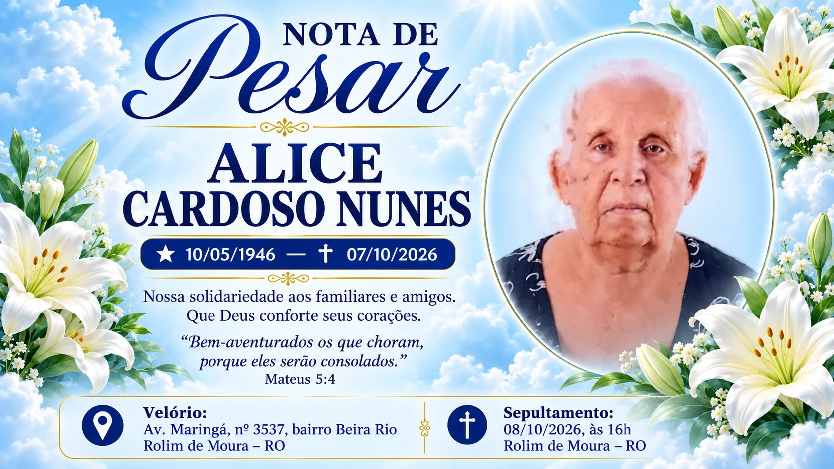 Nota de pesar pelo falecimento de Alice Cardoso Nunes