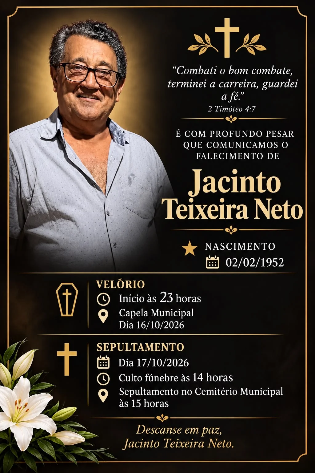 Nota de pesar pelo falecimento de Jacinto Teixeira Neto