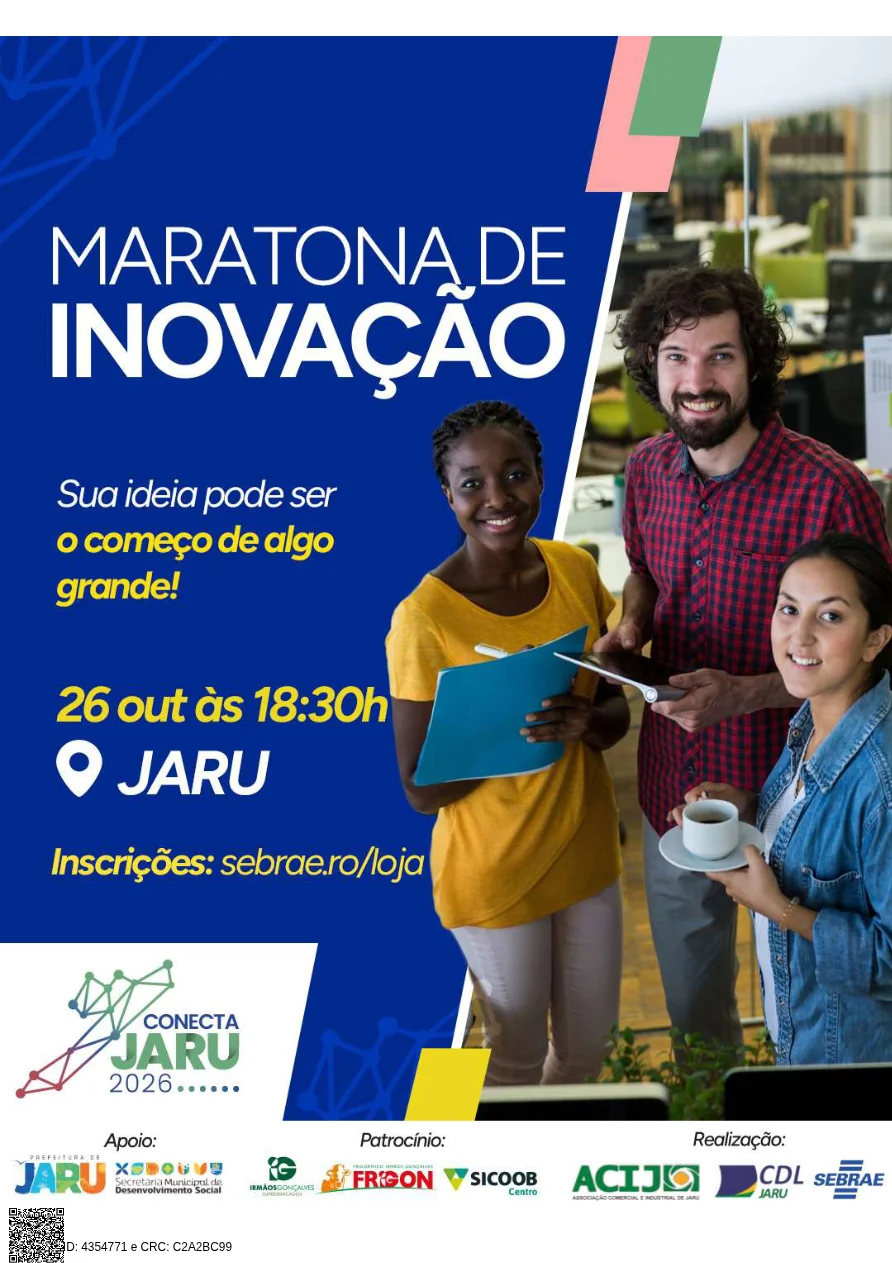 Maratona de Inovação acontece na próxima segunda-feira (26) em Jaru; evento é promovido pela Acij, Sebrae e tem apoio da Prefeitura de Jaru
