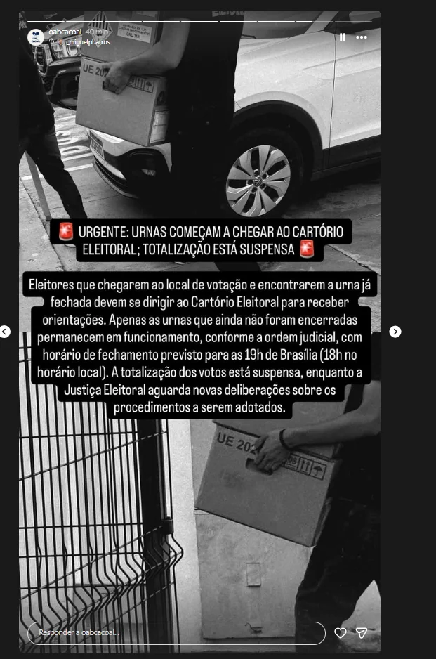 Urnas de Cacoal já estavam fechadas quando STF prorrogou votação; OAB acompanha situação