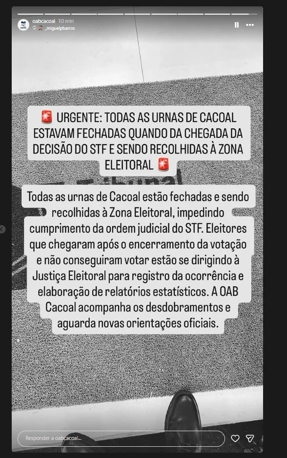Urnas de Cacoal já estavam fechadas quando STF prorrogou votação; OAB acompanha situação