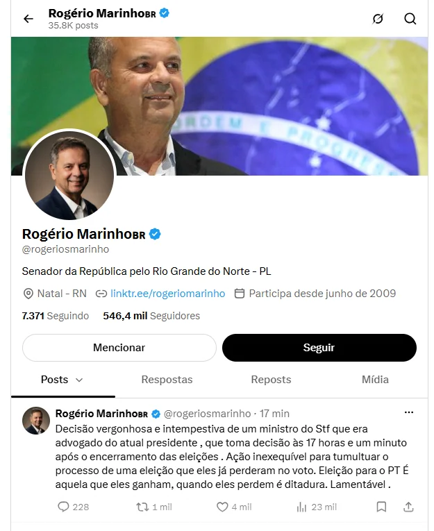 Rogério Marinho chama de “vergonhosa” decisão do STF que prorrogou votação e acusa tentativa de tumultuar eleição