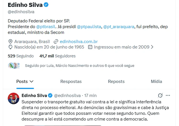 Edinho Silva denuncia suspensão de transporte gratuito e afirma que medida representa interferência nas eleições